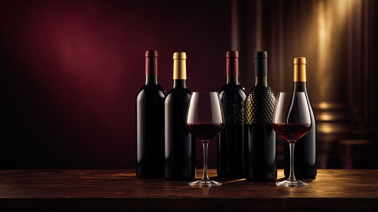Botellas y copas de vino tinto